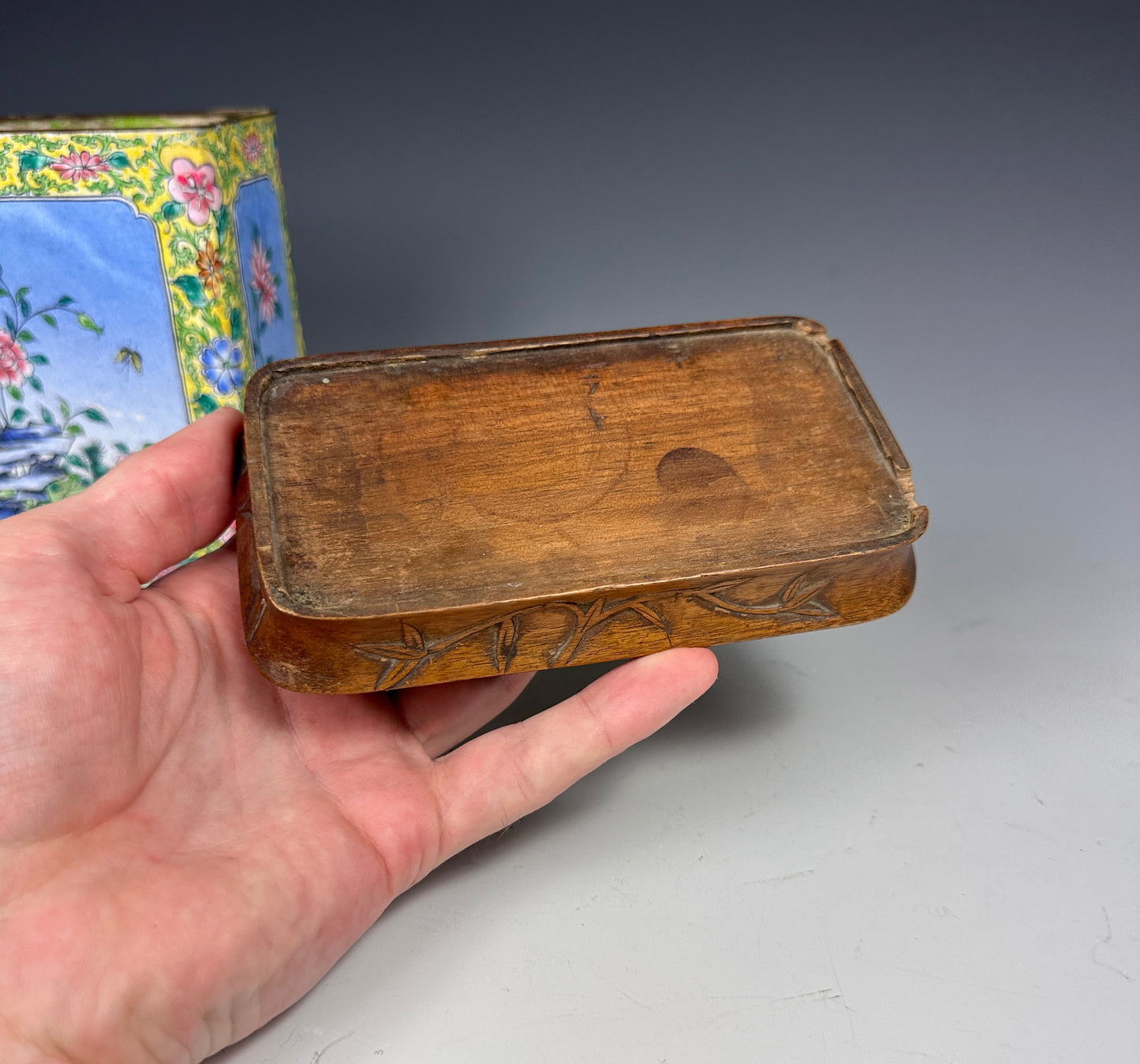 SOLD Antique Chinese Canton Enamel Tea Caddy Carved Wood Lid & Stand Late Qing 1900