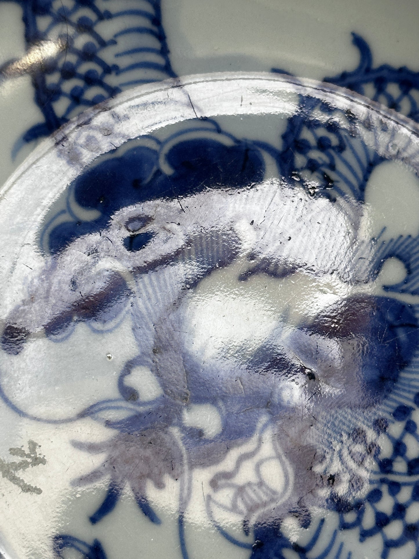 SOLD Antique Chinese Porcelain “Dragon Over the Wall” Dish Blue & White Qing 18th 19th c