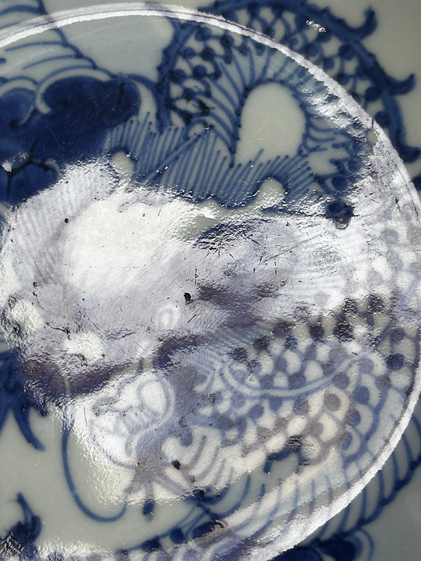 SOLD Antique Chinese Porcelain “Dragon Over the Wall” Dish Blue & White Qing 18th 19th c