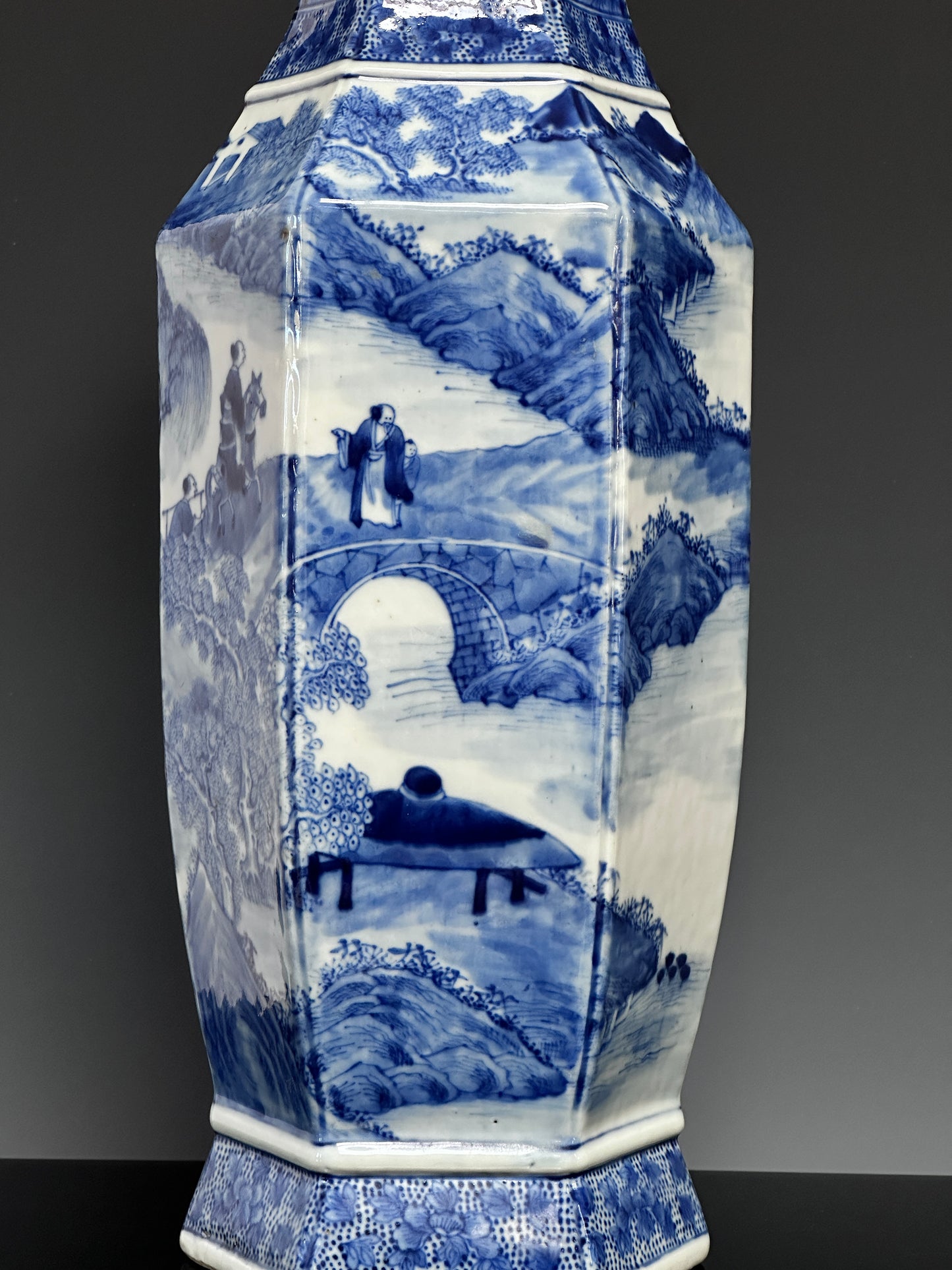 SOLD Antique Chinese Porcelain Large Hexagonal Landscape Vase Blue & White Qing 19th c