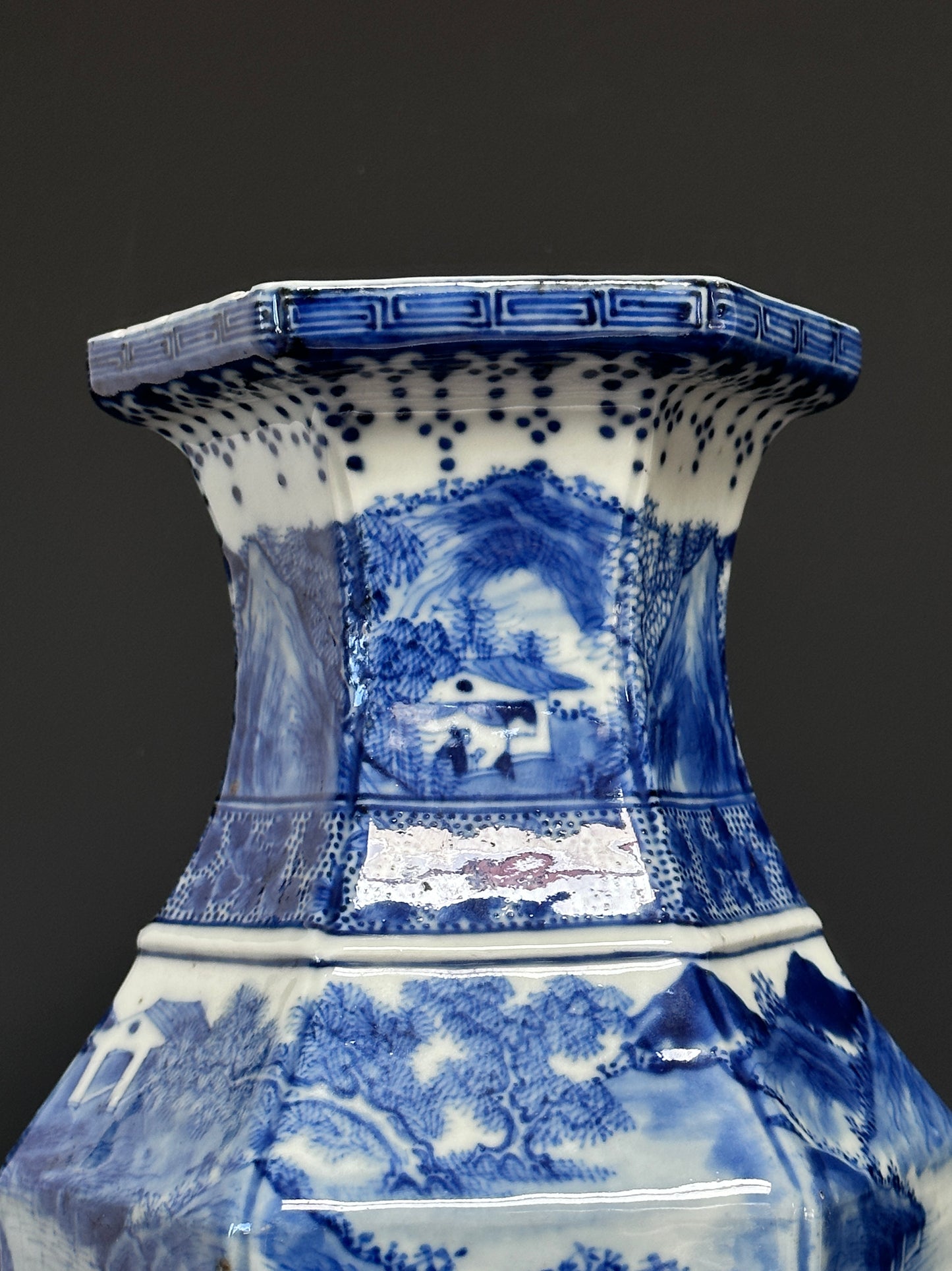 SOLD Antique Chinese Porcelain Large Hexagonal Landscape Vase Blue & White Qing 19th c