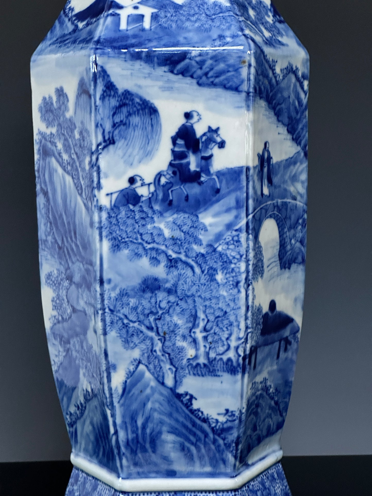 SOLD Antique Chinese Porcelain Large Hexagonal Landscape Vase Blue & White Qing 19th c