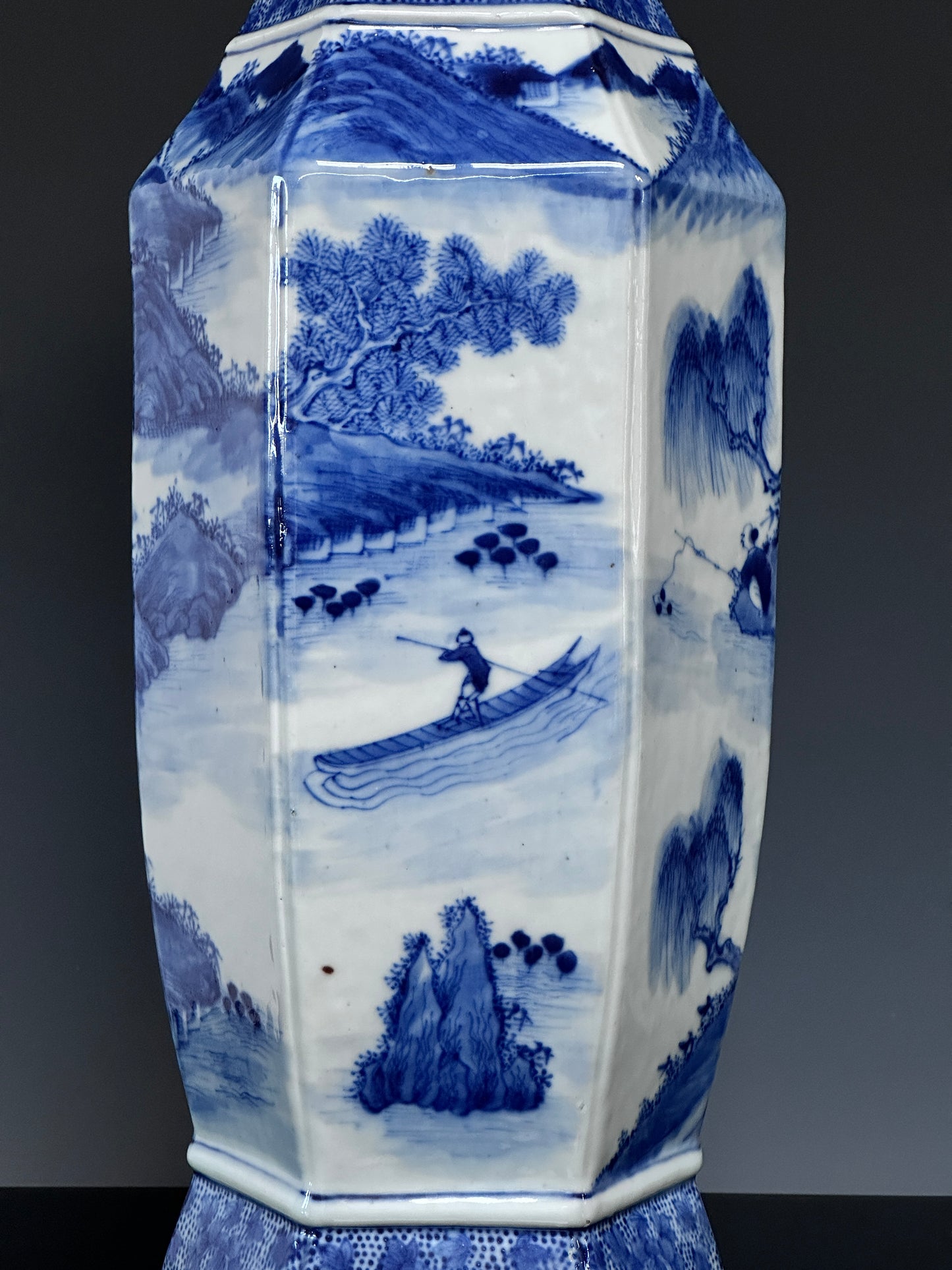 SOLD Antique Chinese Porcelain Large Hexagonal Landscape Vase Blue & White Qing 19th c