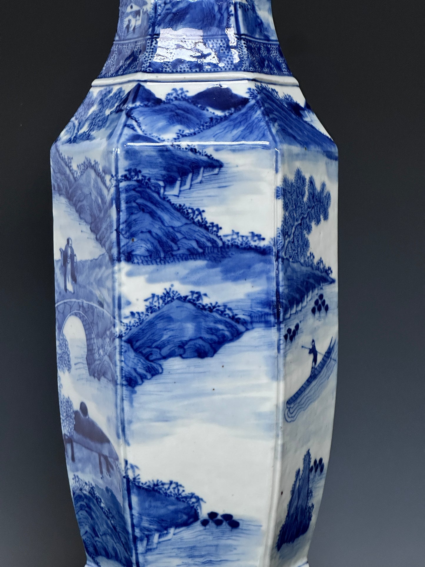 SOLD Antique Chinese Porcelain Large Hexagonal Landscape Vase Blue & White Qing 19th c