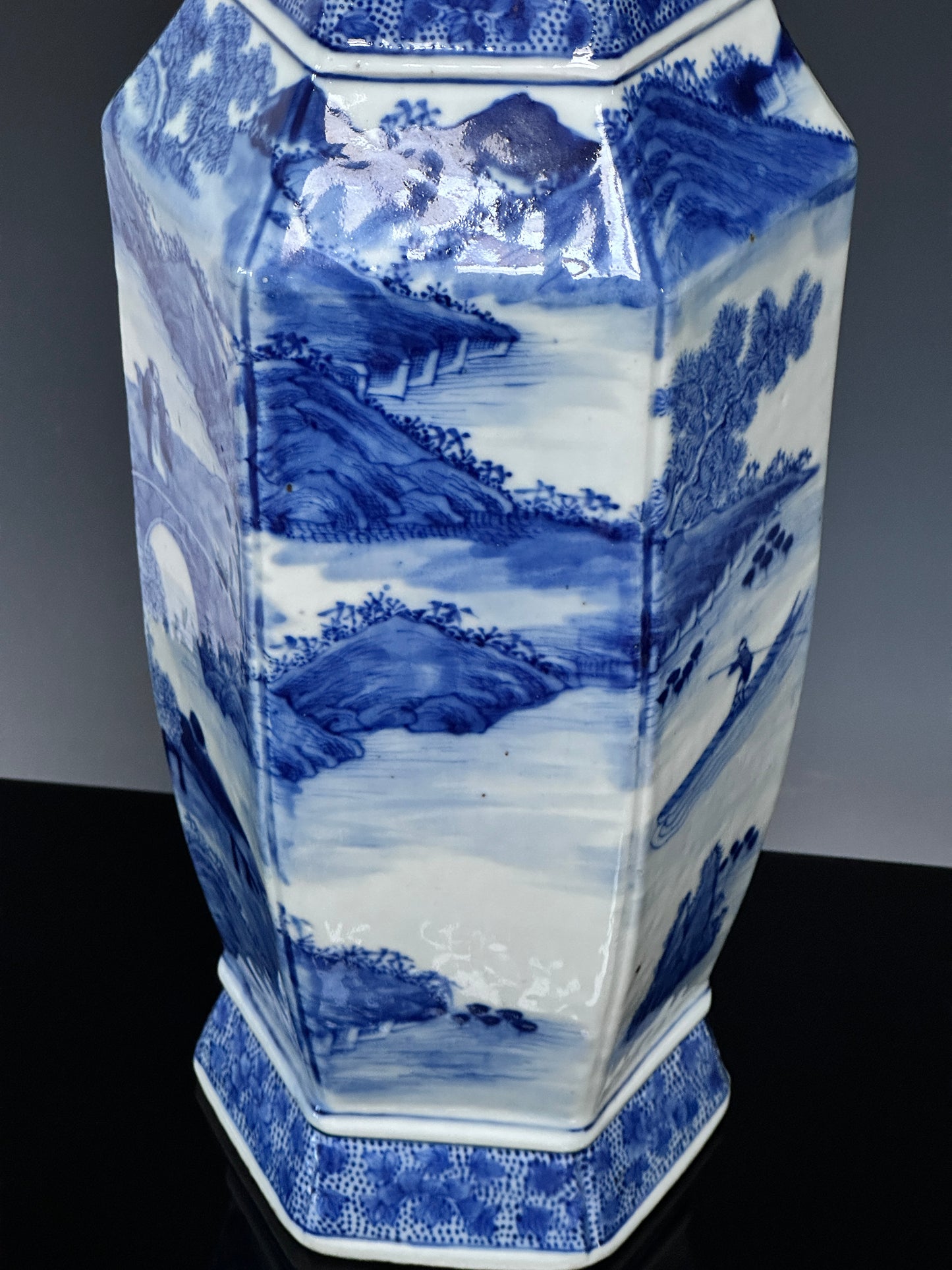 SOLD Antique Chinese Porcelain Large Hexagonal Landscape Vase Blue & White Qing 19th c