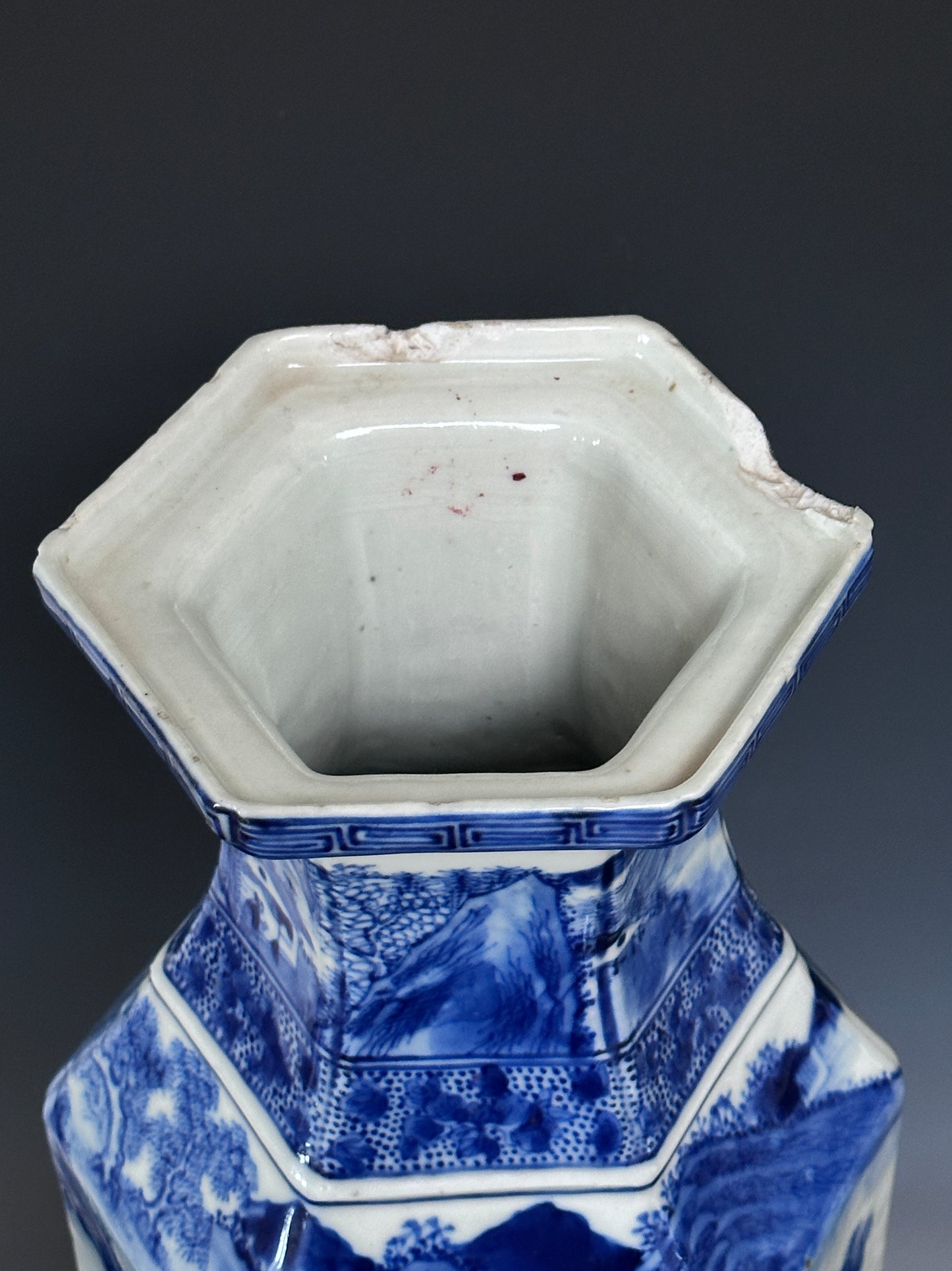 SOLD Antique Chinese Porcelain Large Hexagonal Landscape Vase Blue & White Qing 19th c