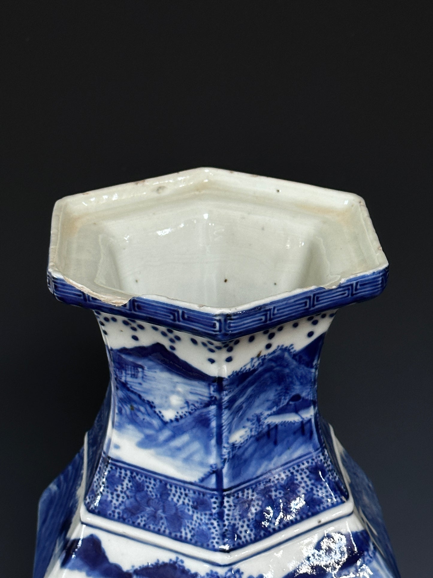 SOLD Antique Chinese Porcelain Large Hexagonal Landscape Vase Blue & White Qing 19th c