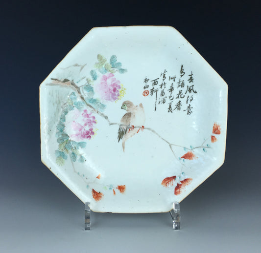 SOLD Antique Chinese Qianjiang Cai 8 Sided Porcelain Dish 1881 Signed Bird Flowers