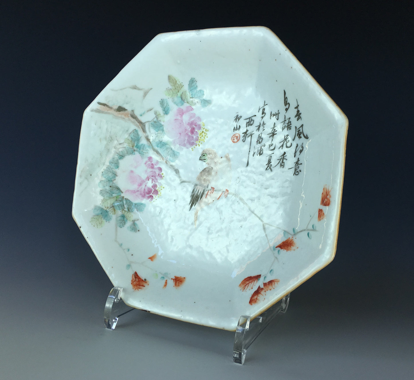 SOLD Antique Chinese Qianjiang Cai 8 Sided Porcelain Dish 1881 Signed Bird Flowers