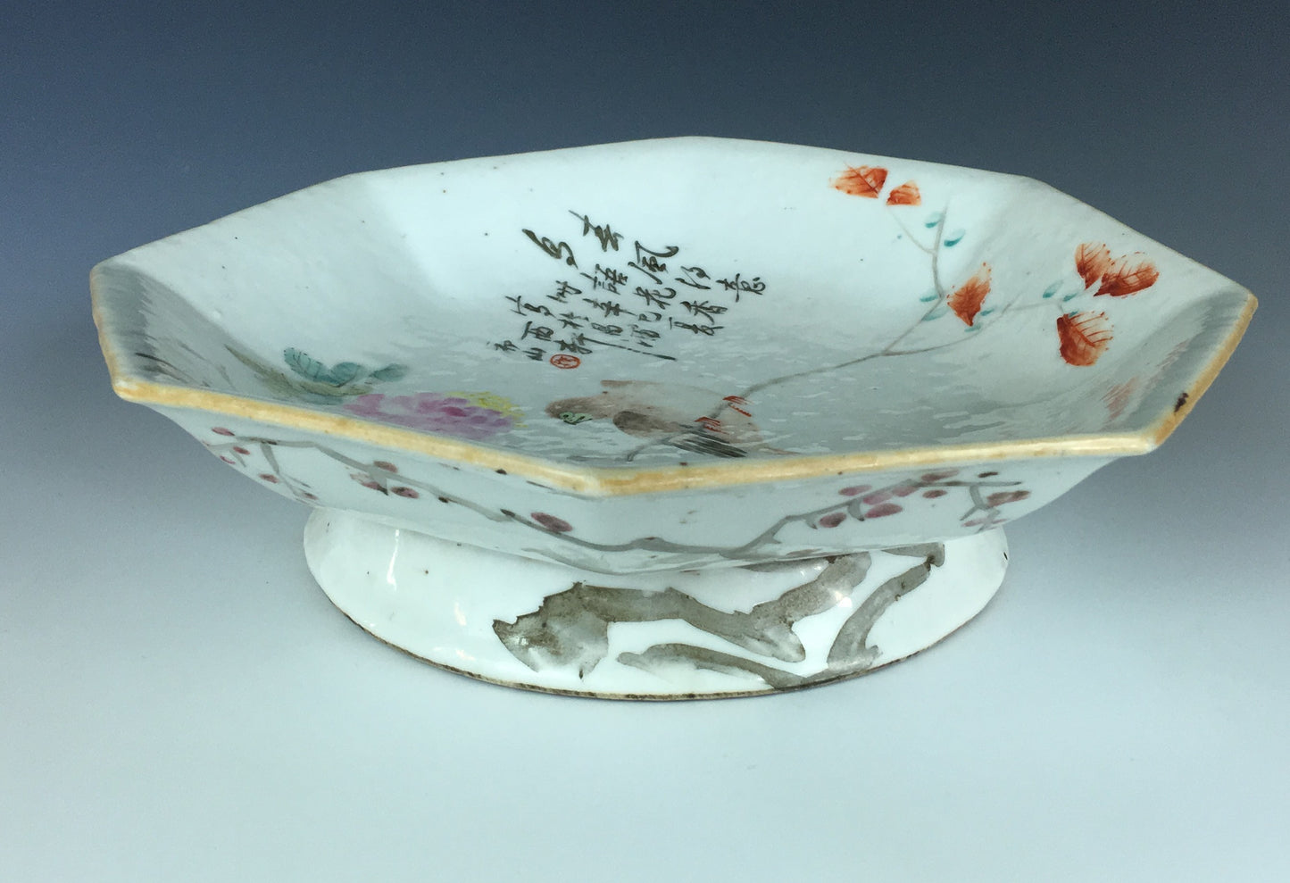 SOLD Antique Chinese Qianjiang Cai 8 Sided Porcelain Dish 1881 Signed Bird Flowers