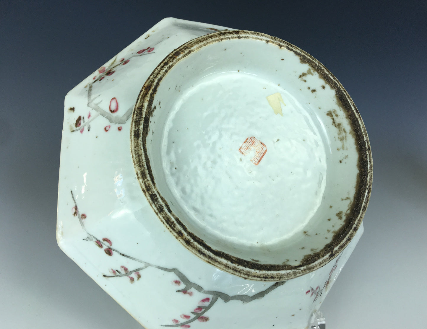 SOLD Antique Chinese Qianjiang Cai 8 Sided Porcelain Dish 1881 Signed Bird Flowers