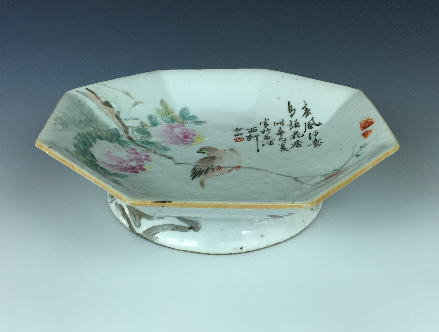 SOLD Antique Chinese Qianjiang Cai 8 Sided Porcelain Dish 1881 Signed Bird Flowers